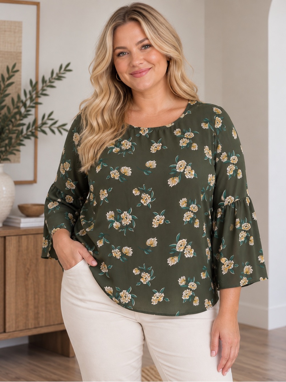 Banana Republic Olive Green Floral Bell Sleeve Blouse